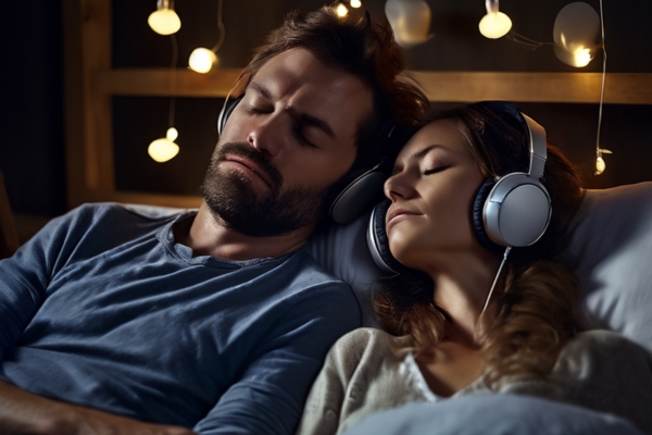 husband and wife using headphone for block snoring
